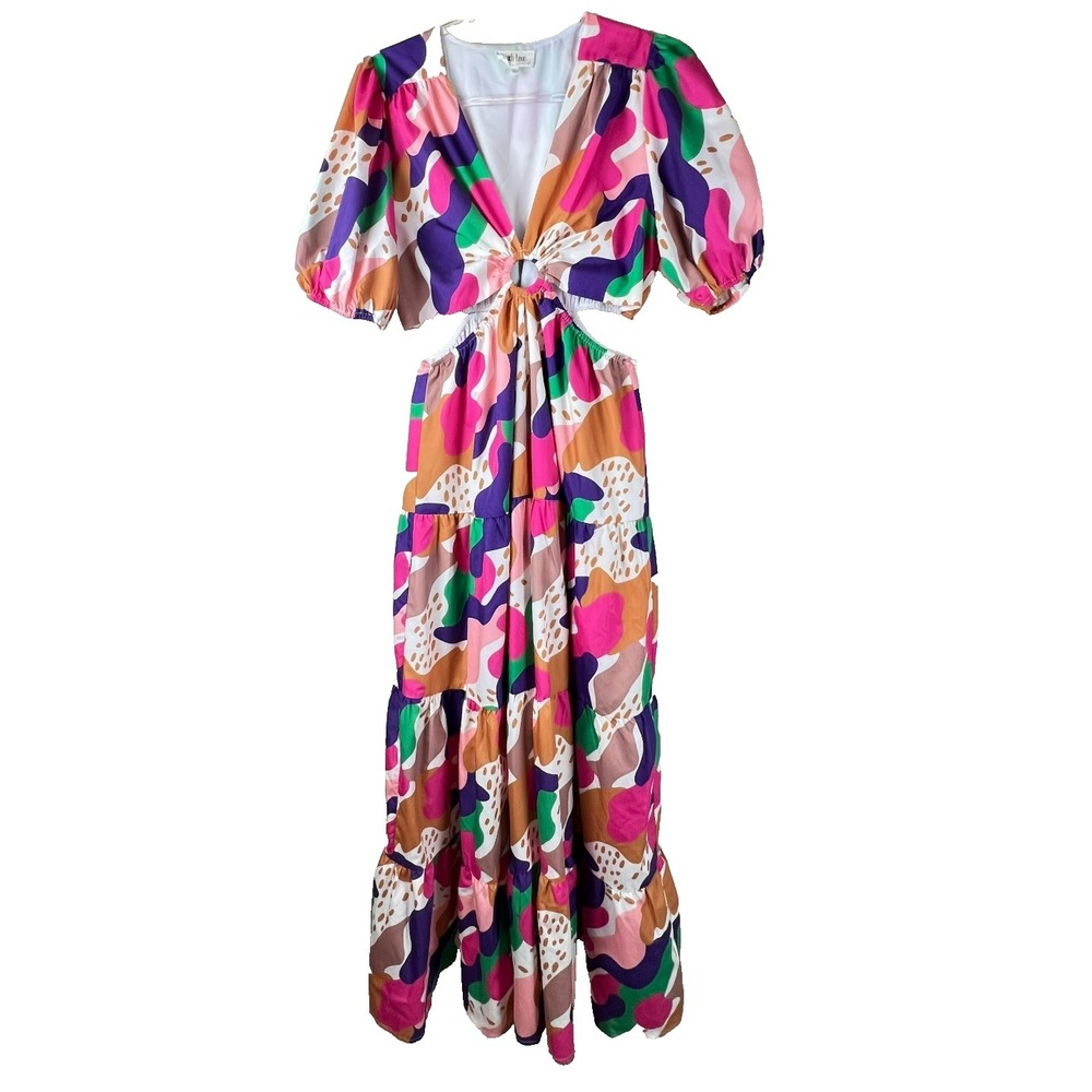 Peach Love California L Abstract Side Cutout Tiered Maxi Dress Puff Sleeve Boho - Picture 2 of 11